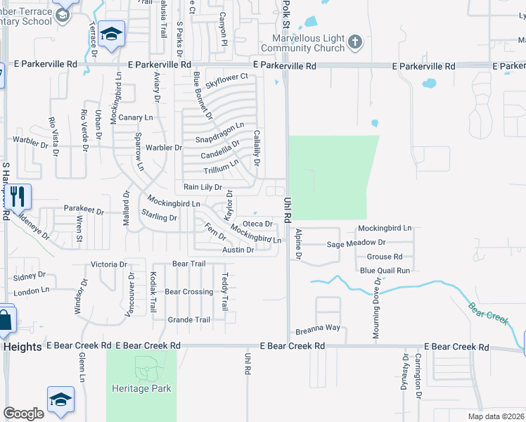 map of restaurants, bars, coffee shops, grocery stores, and more near 19 South Uhl Road in Red Oak