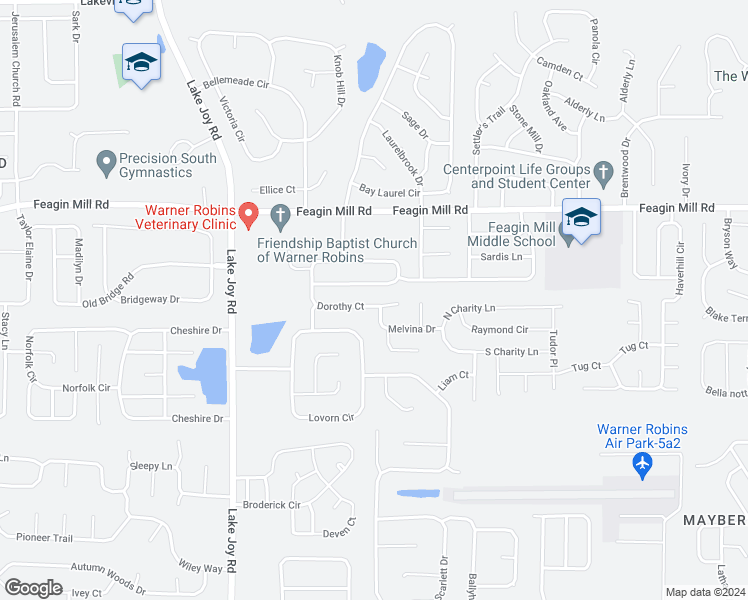 map of restaurants, bars, coffee shops, grocery stores, and more near 424 Dorothy Court in Warner Robins