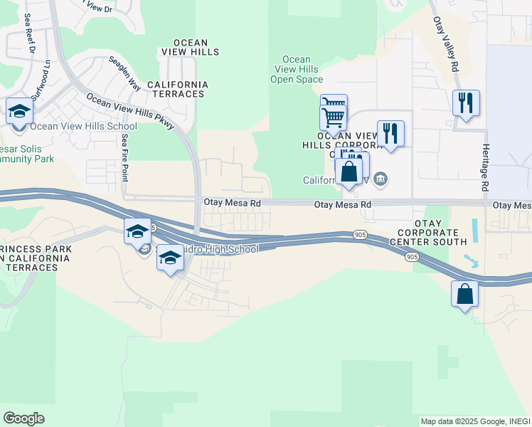 map of restaurants, bars, coffee shops, grocery stores, and more near 5403-5427 Otay Mesa Road in San Diego