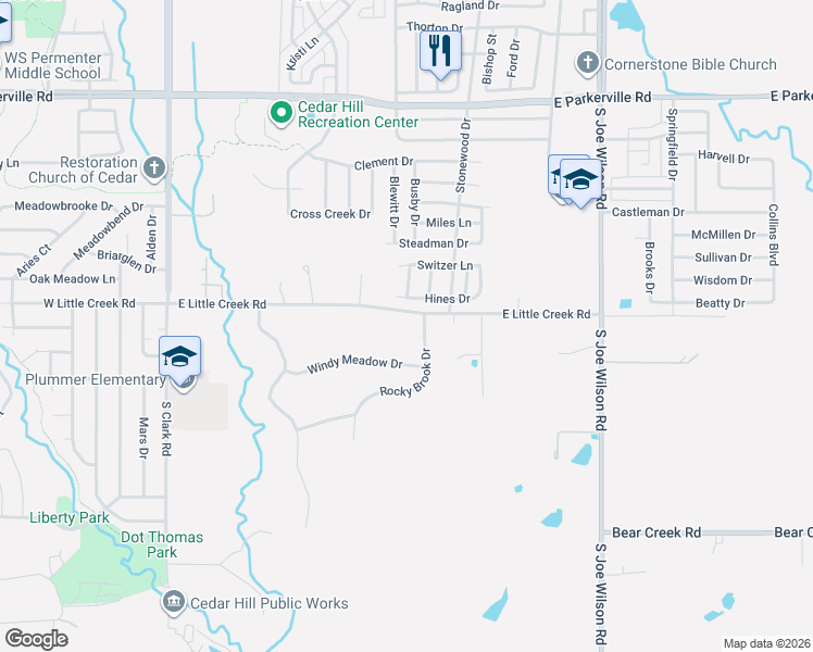 map of restaurants, bars, coffee shops, grocery stores, and more near 348 East Little Creek Road in Cedar Hill