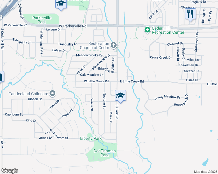 map of restaurants, bars, coffee shops, grocery stores, and more near 1112 Suburban Street in Cedar Hill