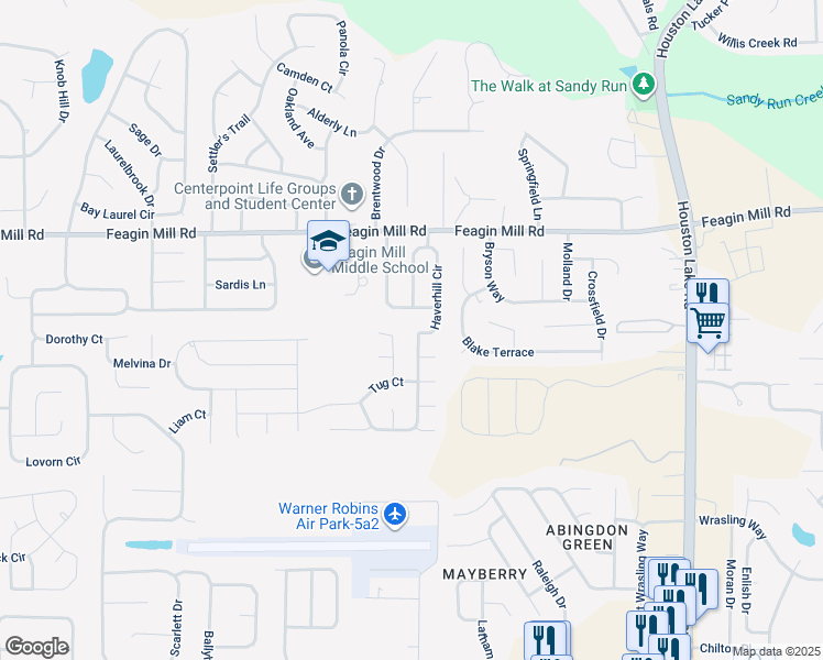 map of restaurants, bars, coffee shops, grocery stores, and more near 310 Haverhill Circle in Warner Robins