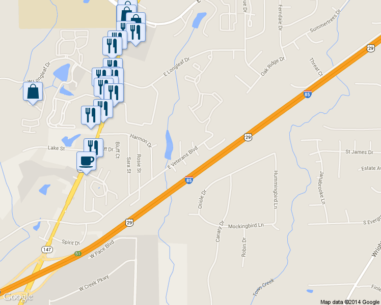 map of restaurants, bars, coffee shops, grocery stores, and more near 448 East Veterans Boulevard in Auburn