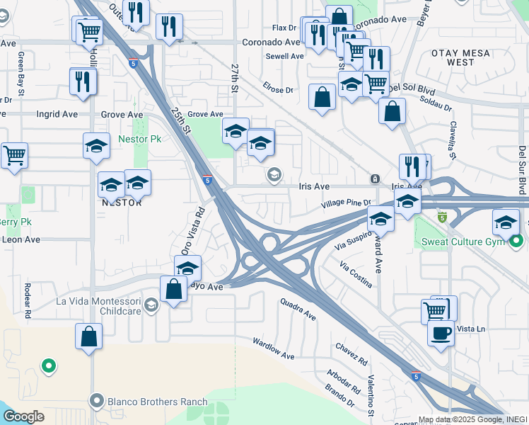map of restaurants, bars, coffee shops, grocery stores, and more near 1560 Terrace Pine Lane in San Diego