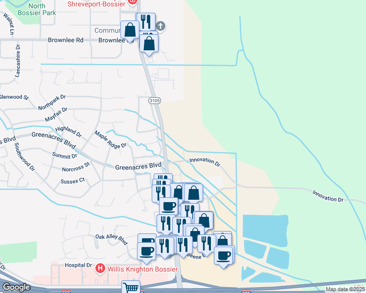 map of restaurants, bars, coffee shops, grocery stores, and more near 3452 Airline Drive in Bossier City