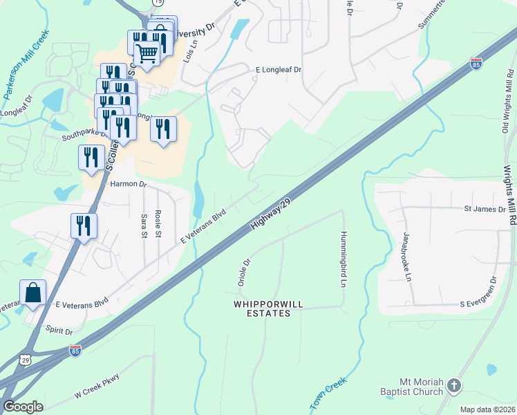 map of restaurants, bars, coffee shops, grocery stores, and more near 2001 Longview Court in Auburn