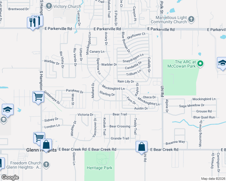 map of restaurants, bars, coffee shops, grocery stores, and more near 1400 Pintail Drive in DeSoto