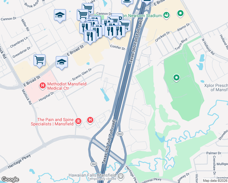map of restaurants, bars, coffee shops, grocery stores, and more near 200 Miller Road in Mansfield