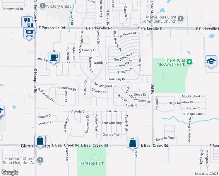 map of restaurants, bars, coffee shops, grocery stores, and more near 1400 Pintail Drive in DeSoto
