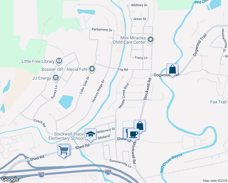 map of restaurants, bars, coffee shops, grocery stores, and more near 2304 Windsor Court in Bossier City