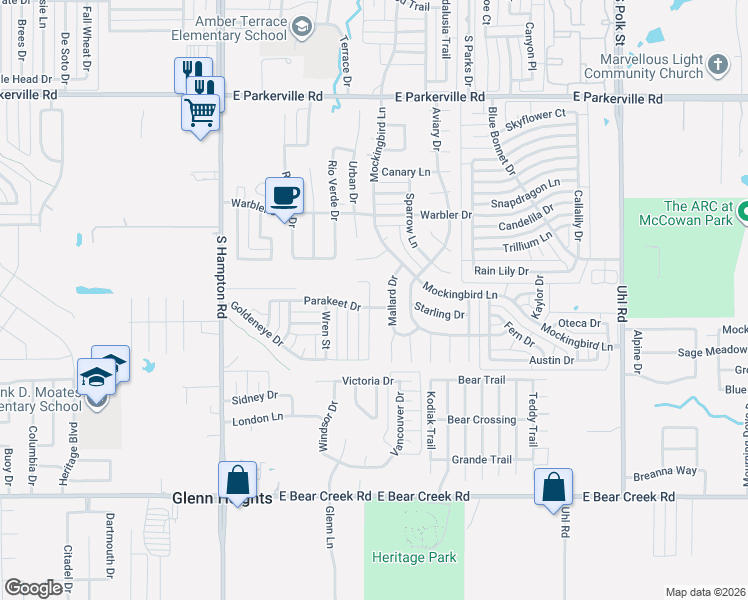 map of restaurants, bars, coffee shops, grocery stores, and more near 1322 Kinglet Street in DeSoto