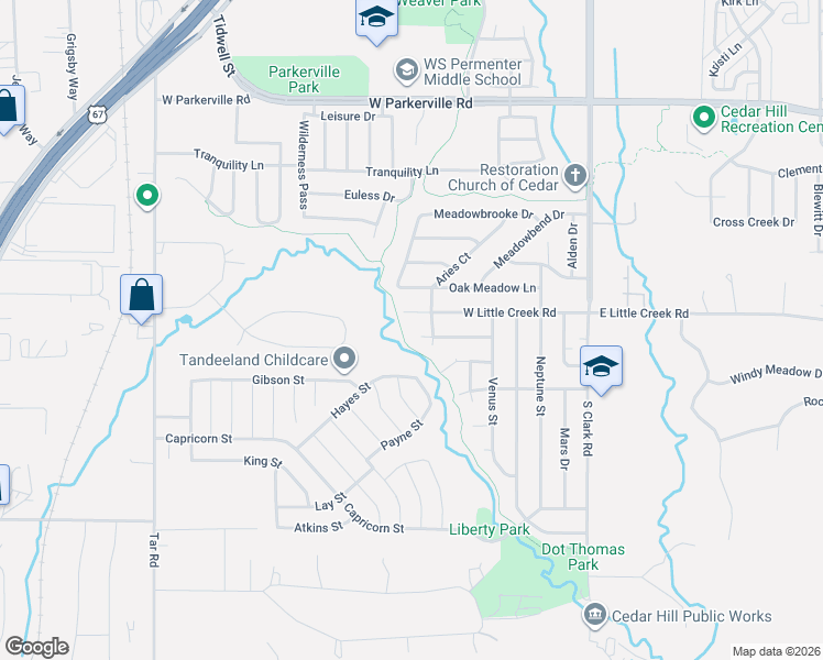 map of restaurants, bars, coffee shops, grocery stores, and more near 405 Aquarius Drive in Cedar Hill