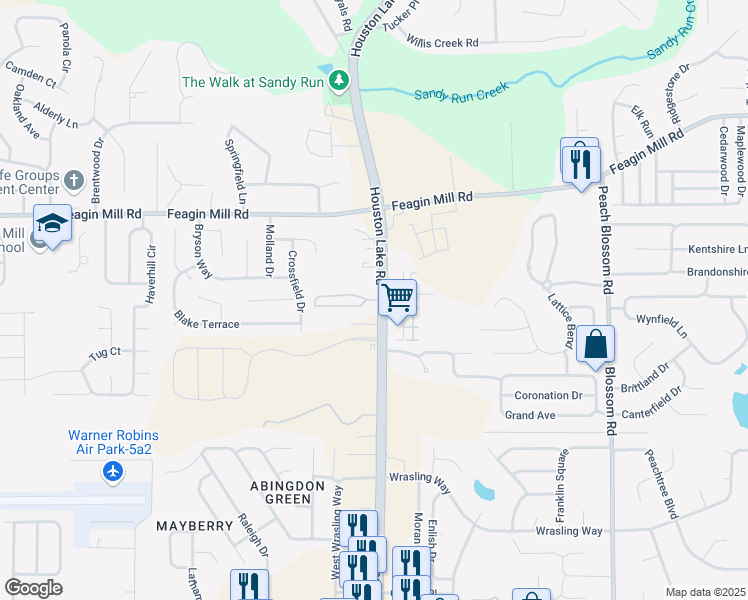 map of restaurants, bars, coffee shops, grocery stores, and more near 1217 South Houston Lake Road in Warner Robins