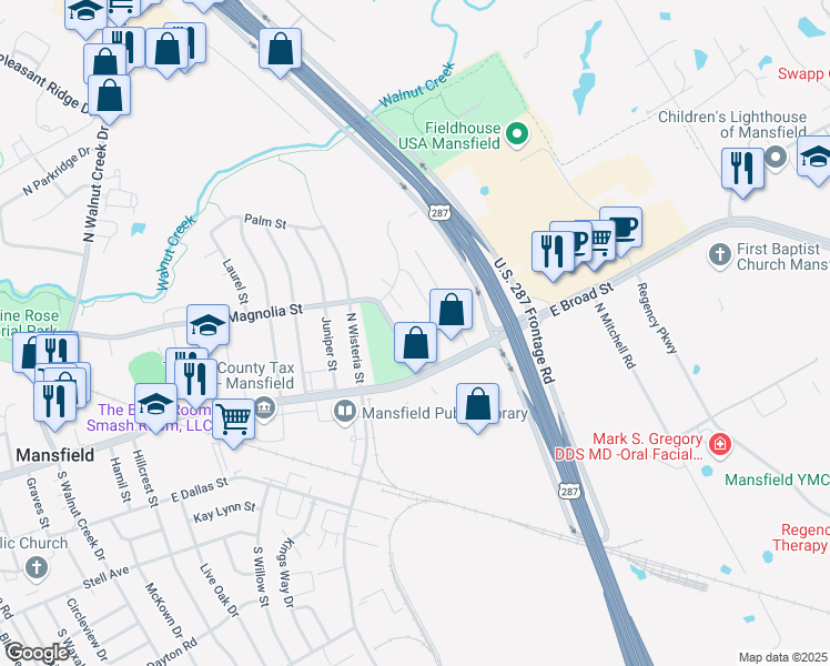 map of restaurants, bars, coffee shops, grocery stores, and more near 16 Shady Valley Court in Mansfield
