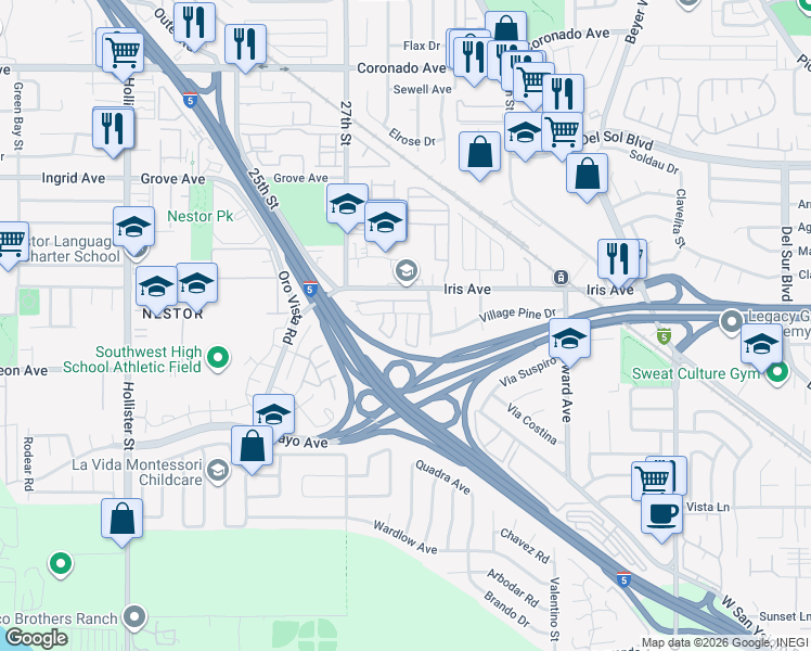 map of restaurants, bars, coffee shops, grocery stores, and more near 2765 Terrace Pine Drive in San Diego