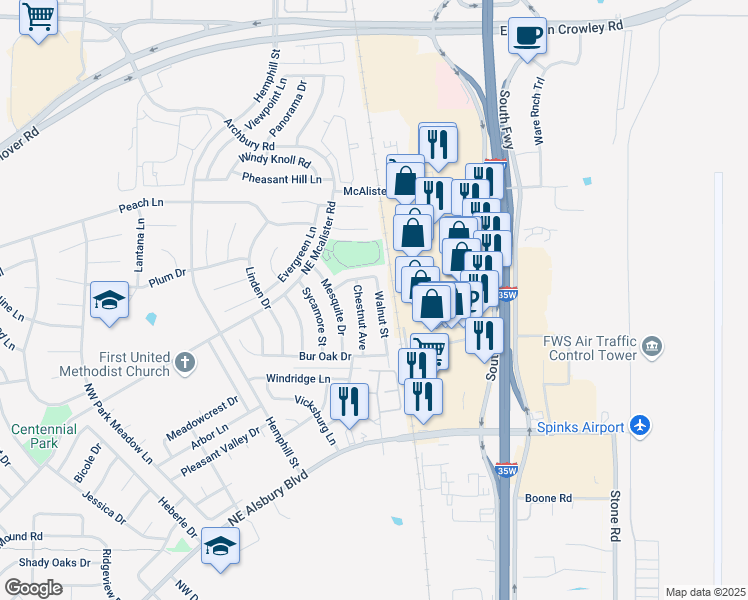 map of restaurants, bars, coffee shops, grocery stores, and more near 919 Walnut Street in Burleson