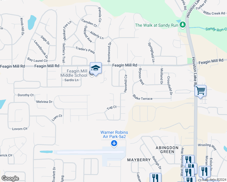 map of restaurants, bars, coffee shops, grocery stores, and more near 210 Gayla Court in Warner Robins