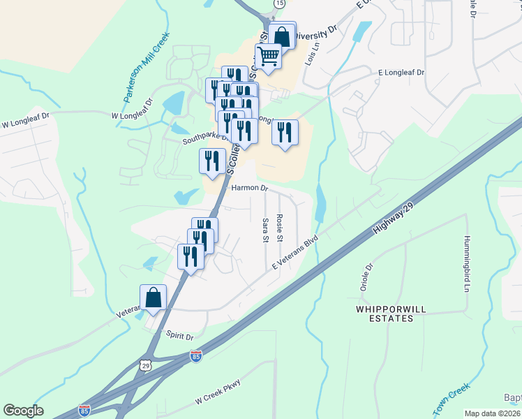 map of restaurants, bars, coffee shops, grocery stores, and more near 1958 Sara Street in Auburn