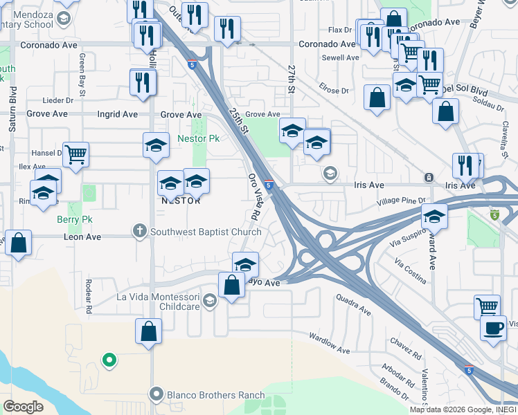 map of restaurants, bars, coffee shops, grocery stores, and more near Oro Vista Road in San Diego