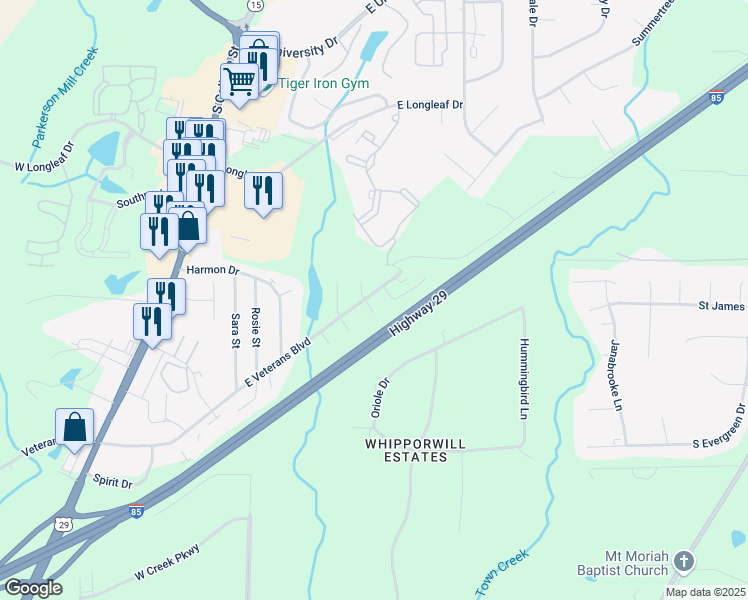 map of restaurants, bars, coffee shops, grocery stores, and more near 448 East Veterans Boulevard in Auburn