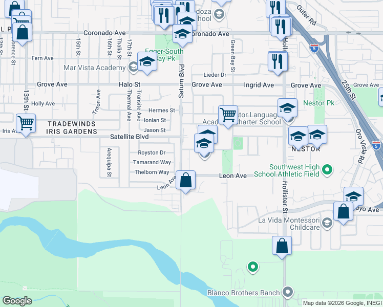 map of restaurants, bars, coffee shops, grocery stores, and more near 1541 Rimbey Avenue in San Diego