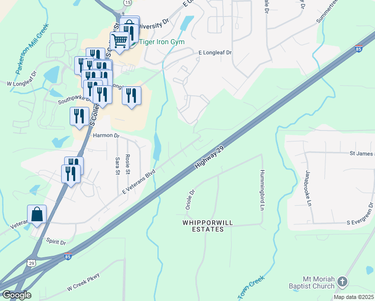 map of restaurants, bars, coffee shops, grocery stores, and more near 458 East Veterans Boulevard in Auburn