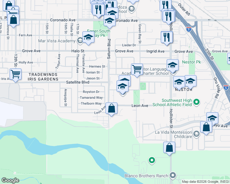 map of restaurants, bars, coffee shops, grocery stores, and more near 1541 Rimbey Avenue in San Diego