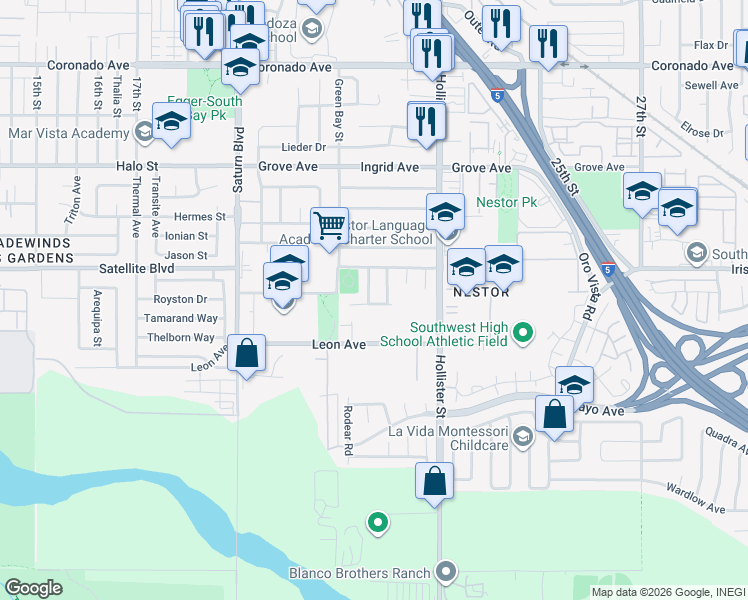 map of restaurants, bars, coffee shops, grocery stores, and more near 1575 Oakden Drive in San Diego