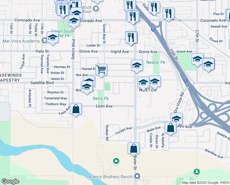 map of restaurants, bars, coffee shops, grocery stores, and more near 1575 Oakden Drive in San Diego