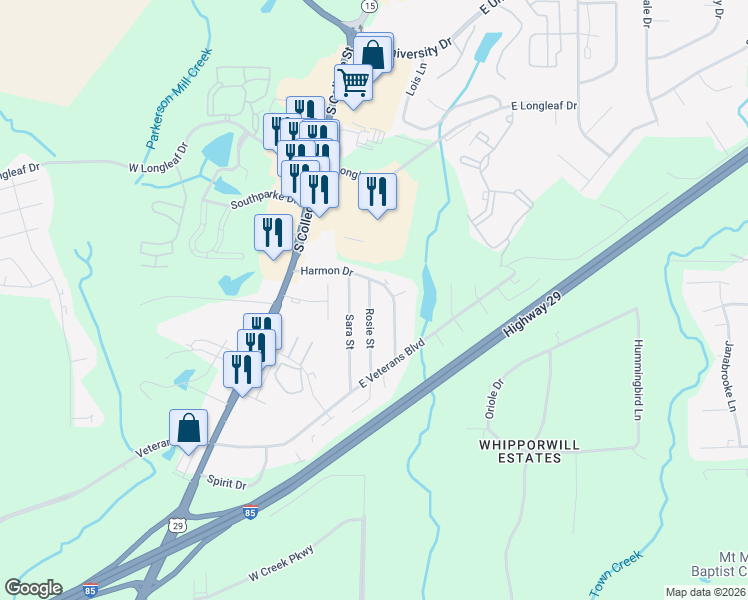 map of restaurants, bars, coffee shops, grocery stores, and more near 1955 Rosie Street in Auburn