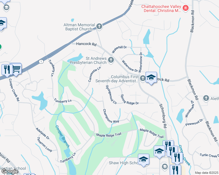 map of restaurants, bars, coffee shops, grocery stores, and more near 4893 Springwood Cir in Columbus