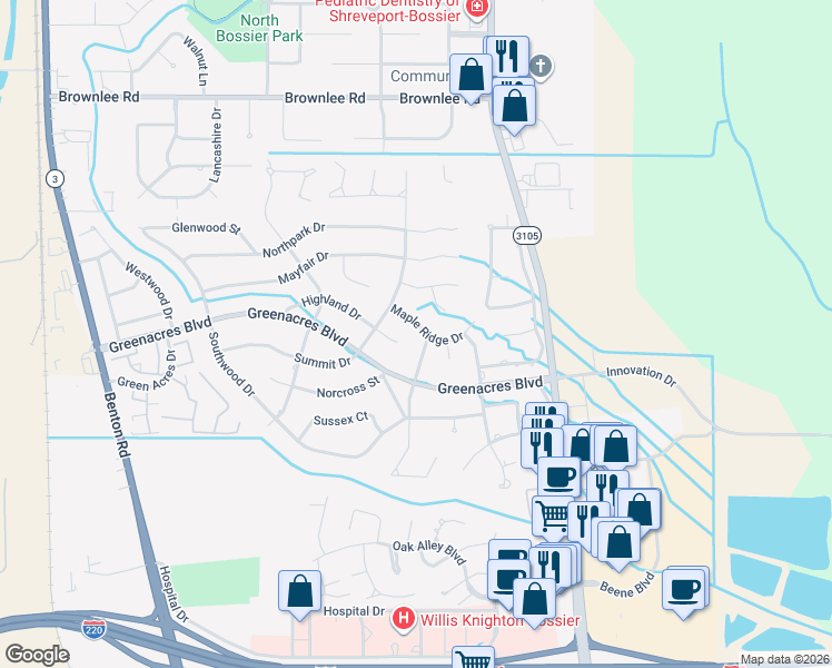 map of restaurants, bars, coffee shops, grocery stores, and more near 408 Maple Ridge Drive in Bossier City