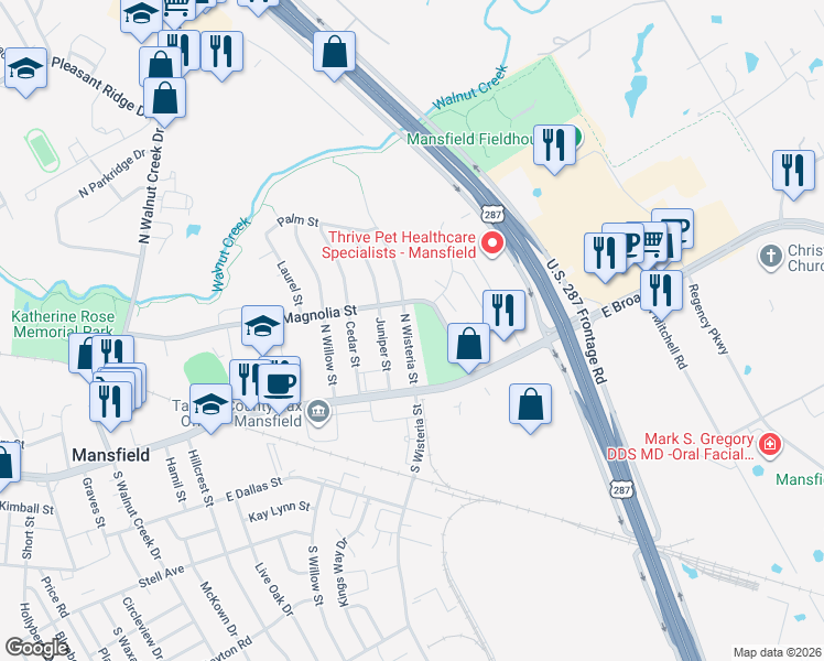 map of restaurants, bars, coffee shops, grocery stores, and more near 116 North Wisteria Street in Mansfield