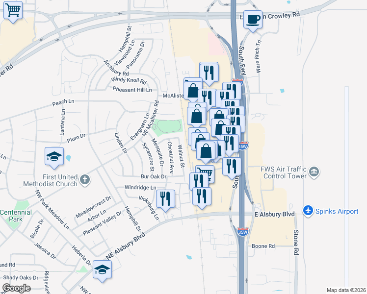 map of restaurants, bars, coffee shops, grocery stores, and more near 918 Walnut Street in Burleson