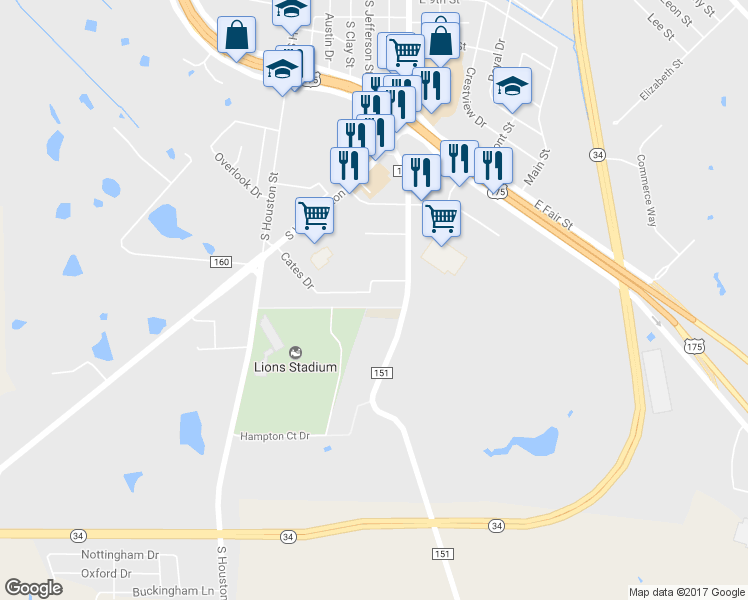 map of restaurants, bars, coffee shops, grocery stores, and more near 704 Cates Dr in Kaufman