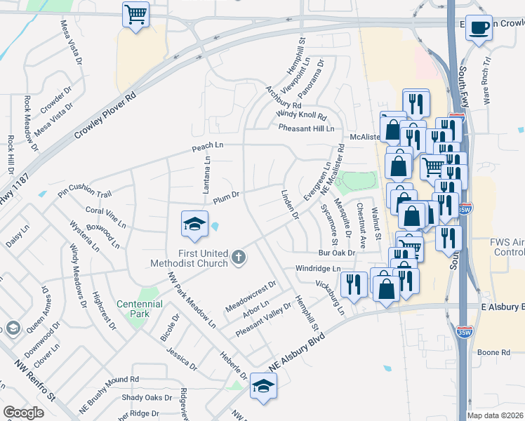 map of restaurants, bars, coffee shops, grocery stores, and more near 721 Evergreen Court in Burleson
