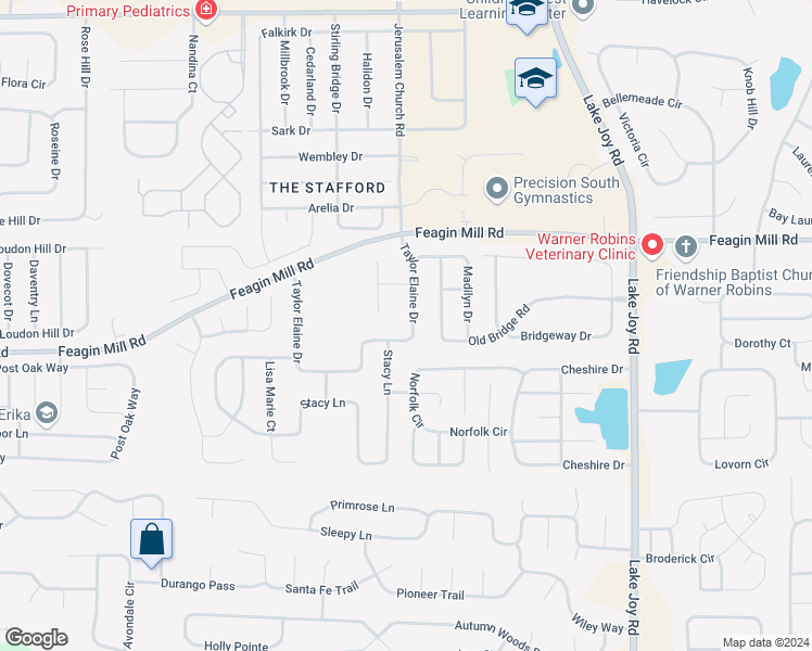 map of restaurants, bars, coffee shops, grocery stores, and more near 309 Taylor Elaine Drive in Warner Robins