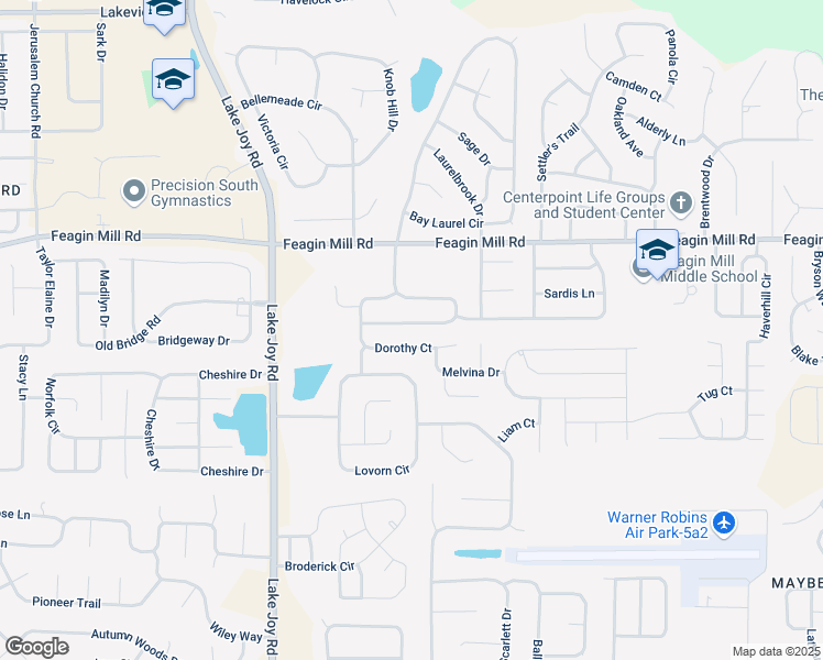 map of restaurants, bars, coffee shops, grocery stores, and more near 319 Tyson Glen Drive in Warner Robins