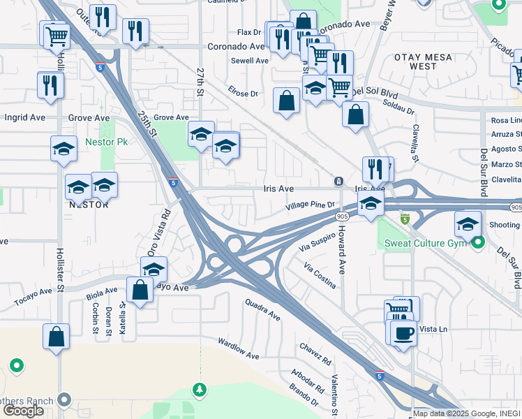 map of restaurants, bars, coffee shops, grocery stores, and more near 1535 Monterey Pine Drive in San Diego