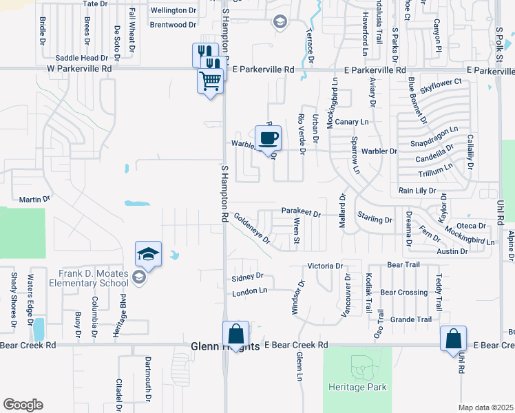 map of restaurants, bars, coffee shops, grocery stores, and more near 201 Parakeet Drive in DeSoto