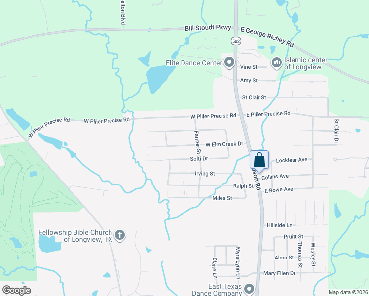map of restaurants, bars, coffee shops, grocery stores, and more near 306 West Elm Creek Drive in Longview