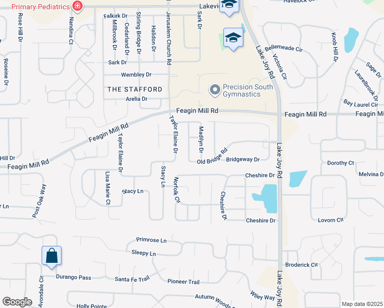 map of restaurants, bars, coffee shops, grocery stores, and more near 405 Old Bridge Road in Warner Robins