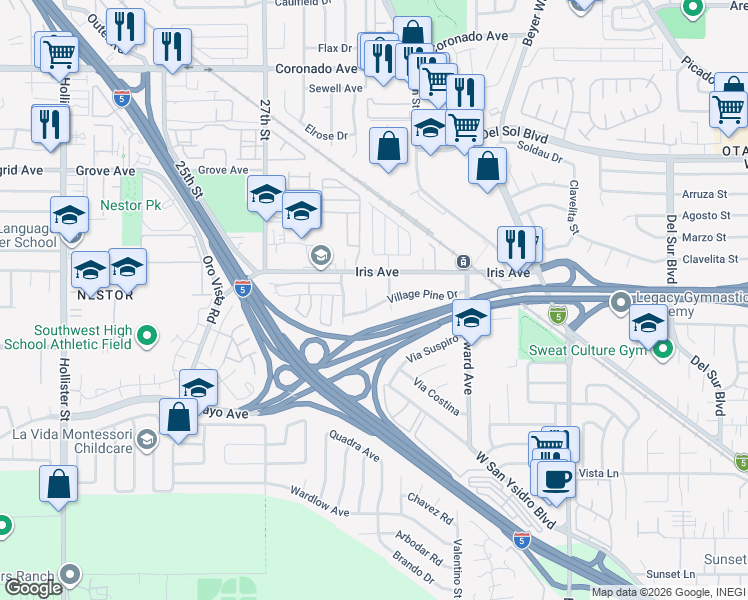 map of restaurants, bars, coffee shops, grocery stores, and more near 1548 Monterey Park Drive in San Diego