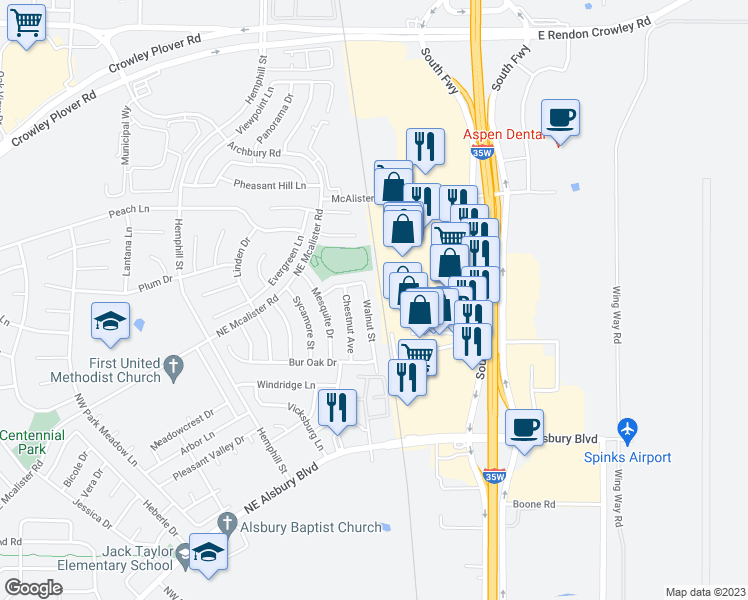 map of restaurants, bars, coffee shops, grocery stores, and more near 920 Walnut Street in Burleson