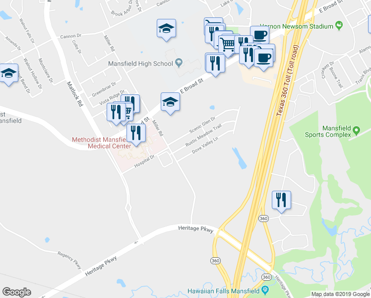 map of restaurants, bars, coffee shops, grocery stores, and more near 3010 Rustic Meadow Trail in Mansfield