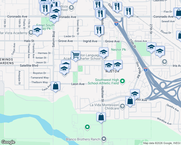 map of restaurants, bars, coffee shops, grocery stores, and more near 1547 Albata Court in San Diego