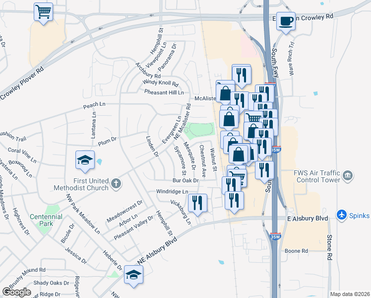 map of restaurants, bars, coffee shops, grocery stores, and more near 800 Hickory Street in Burleson