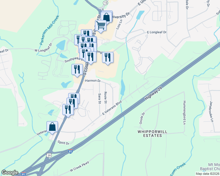 map of restaurants, bars, coffee shops, grocery stores, and more near 1955 Rosie Street in Auburn