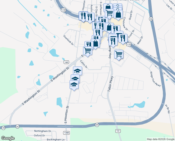 map of restaurants, bars, coffee shops, grocery stores, and more near 412 Cates Dr in Kaufman
