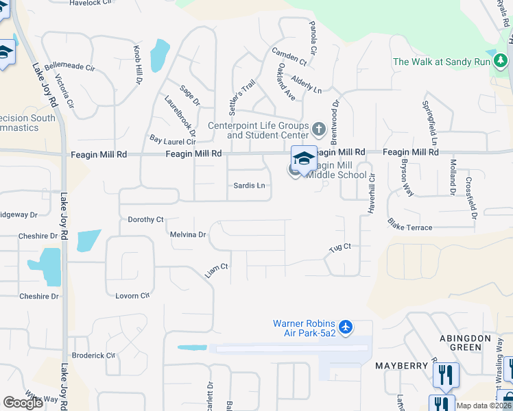 map of restaurants, bars, coffee shops, grocery stores, and more near 1573 Sweetwater Drive in Warner Robins